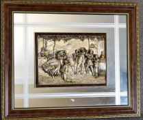 A framed mirror with applied silver moulded tableau depicting musicians and dancing. 72cm x 60cm.