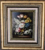 A gilt framed oil on canvas, still life flowers, signed. 39cm x 43cm.