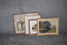 A mid 20th century framed and glazed watercolour, bridge over a river, signed by Peter Oliver, an
