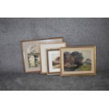 A mid 20th century framed and glazed watercolour, bridge over a river, signed by Peter Oliver, an