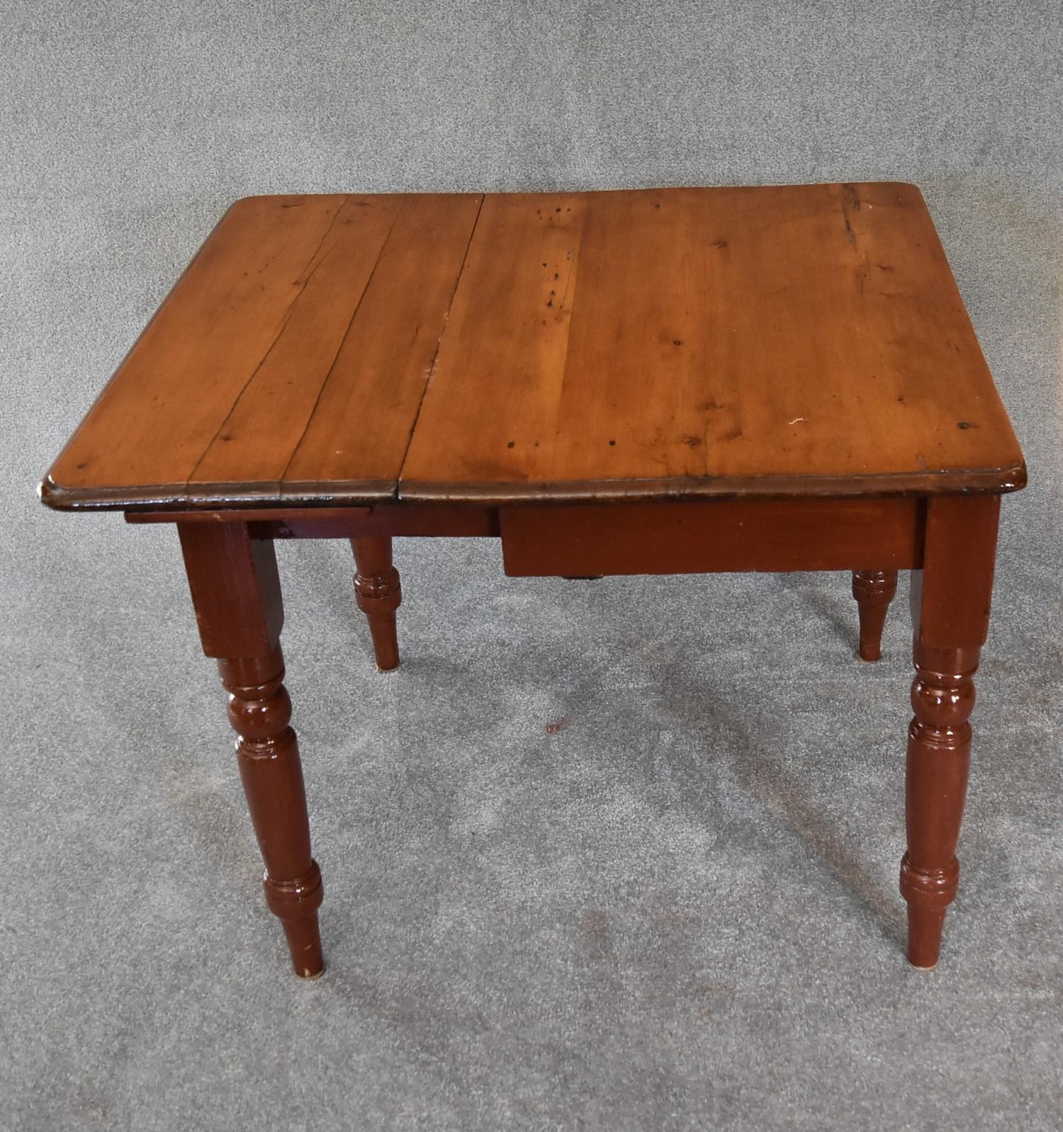 A 19th century pine country dining table with drop flap and draw pull action. H.74 x 60cm - Image 3 of 3