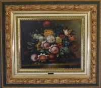 A gilt framed oil on canvas, floral scene, signed Frances. 100 x 85 cm