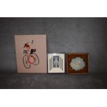 A hand decorated Art Deco style print, framed Rococo ceramic and a needlework of a bicycle. H.40 x