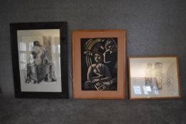 A large framed and glazed print, study of a nude and two other framed prints. Largest H. 120 x 89 cm