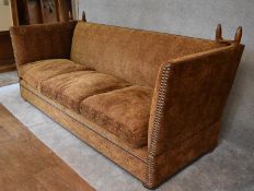 A large Tiplady Knowle sofa by George Smith upholstered in a green and red fabric. H. 116 x 263 x