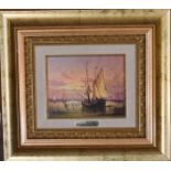 A gilt framed oil on board, a sasiling ship, signed F Sanchez. H.40cm x 45cm.