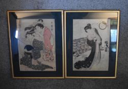 A pair of framed and glazed Japanese watercolours, Geishas, signed. (Damage to glass on one) H.49