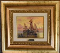 A gilt framed oil on board, sailing ship, indistinctly signed 40cm x 45cm.