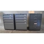 A set of three Bisley foolscap filing cabinets. H. 72 x 47 x 47cm