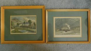 Two framed and glazed lithographs depicting St Pancreas' railway station in the industrial era and