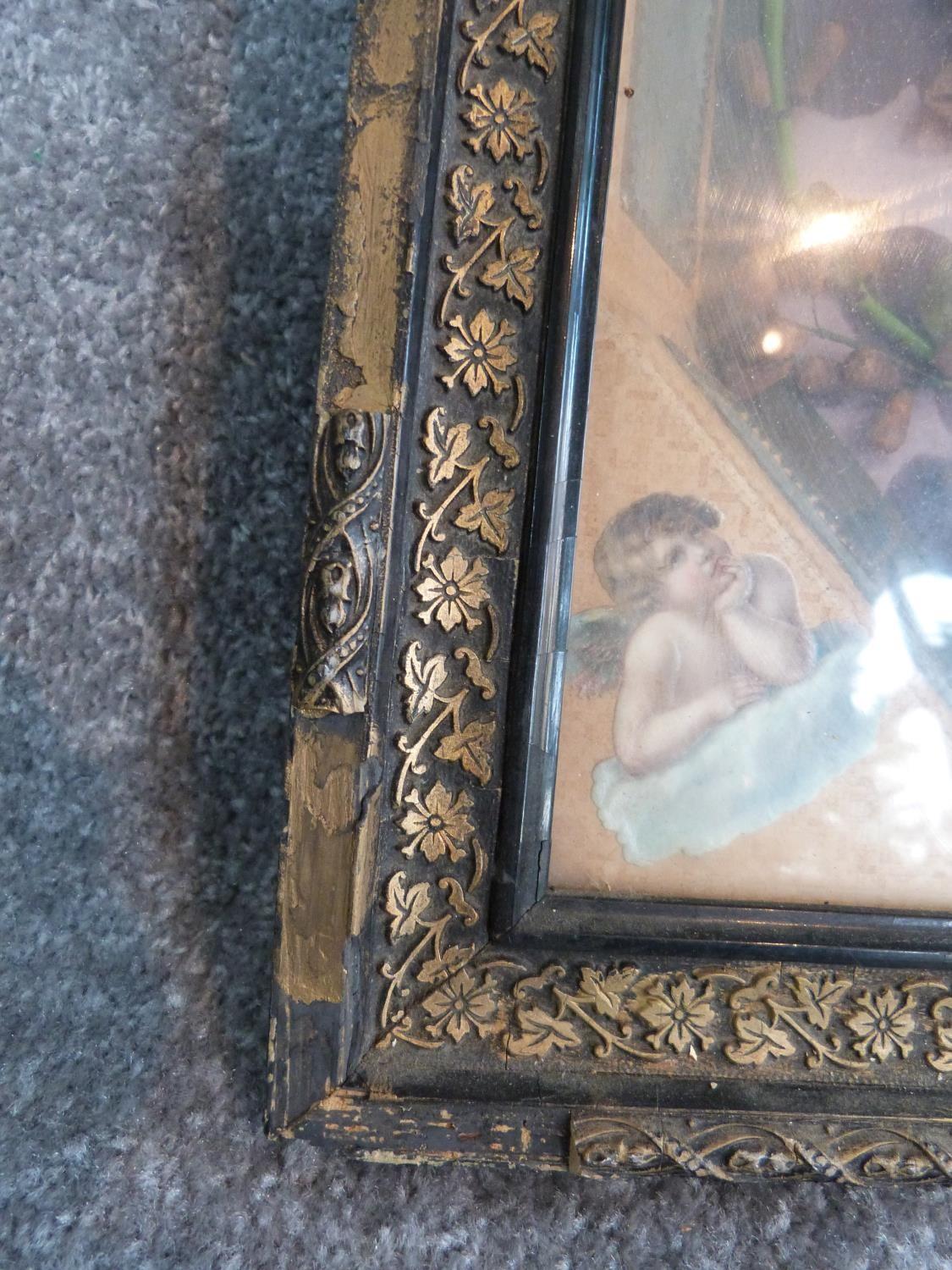 An early Victorian framed wax flower marriage wreath, circa 1893. Carved gilt frame and mirror panel - Image 4 of 8