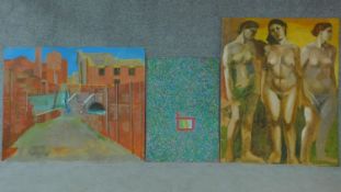 Three large oils on board, one depicting three nude women, the other depicting a city and the last