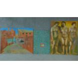 Three large oils on board, one depicting three nude women, the other depicting a city and the last