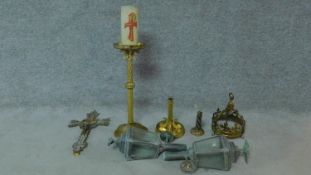 A collection of metalwork items including a pair of antique coaching lanterns with eagle finials,