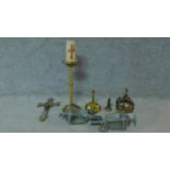 A collection of metalwork items including a pair of antique coaching lanterns with eagle finials,