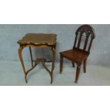 A late Victorian mahogany gothic style hall chair and mahogany occasional table. H.87cm (chair)