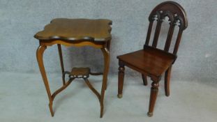 A late Victorian mahogany gothic style hall chair and mahogany occasional table. H.87cm (chair)