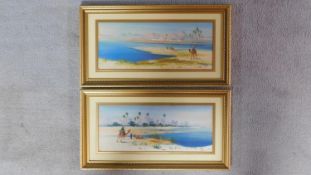 A pair of framed and glazed gouaches, desert scenes, indistinctly signed. 29x54cm