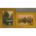 Two 19th century watercolours of landscapes in gold mounts. Signed, unframed. 50x39cm