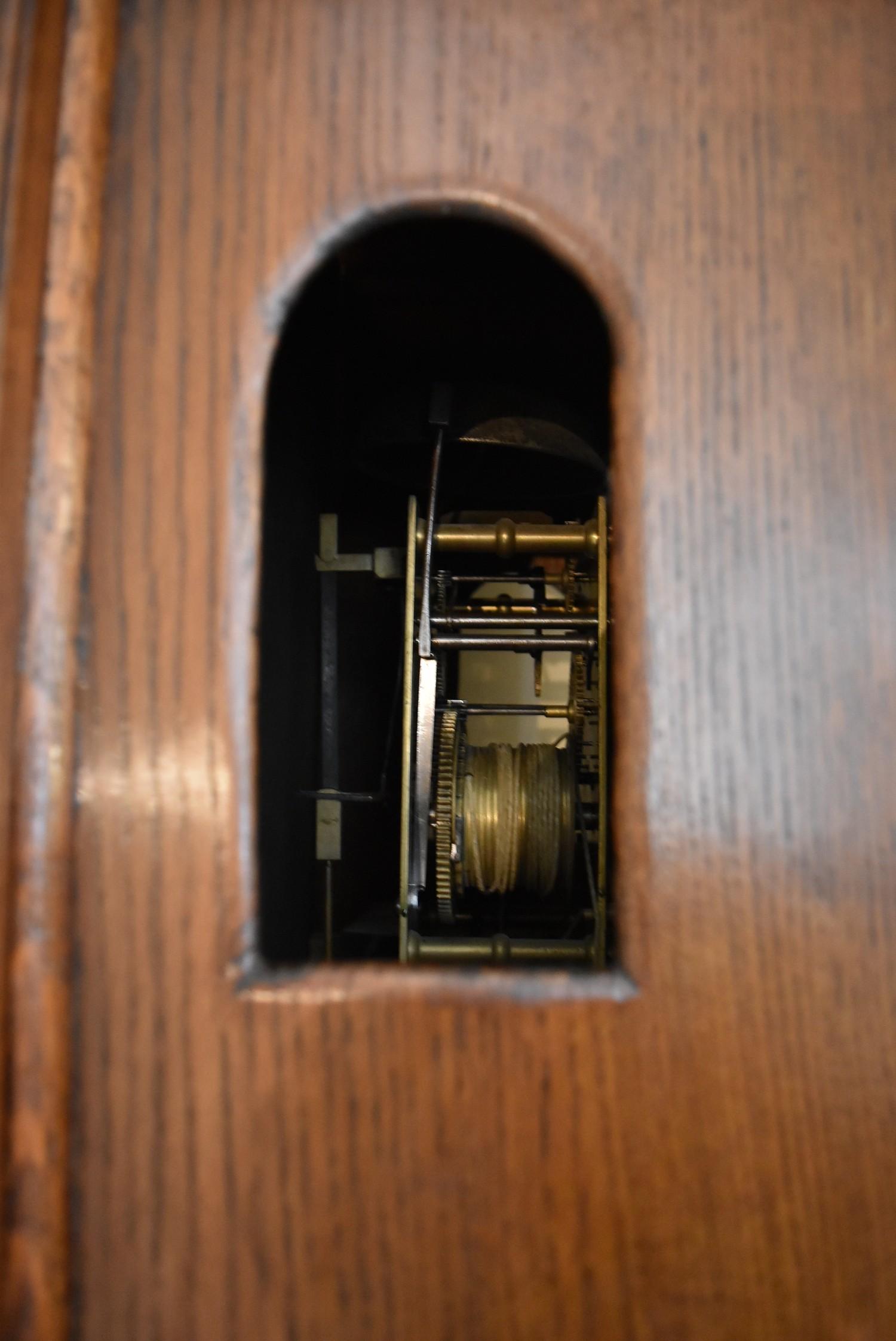 A 19th century oak cased eight day longcase clock with brass dial, has weights and pendulum. H.230 x - Image 4 of 4