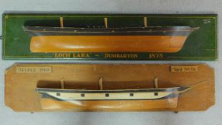 A pair of vintage painted wooden half hull models of Maple 1900 and Dumbarton 1875. 110x24cm