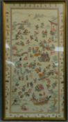 An extra large framed and glazed silk embroidery depicting a Chinese festival. 92x170cm