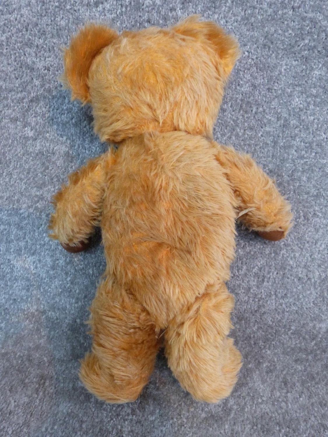 Antique yellow plush jointed Chad Valley growler teddy bear. Brown fabric pads and label to foot. - Image 4 of 6