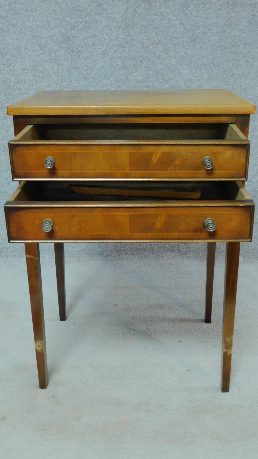 A Georgian style mahogany crossbanded and satinwood strung two drawer side table. H.79 W.53 D.39cm - Image 3 of 9