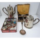 A collection of costume jewellery, silver plate tea service and silver plated cased spoons, service: