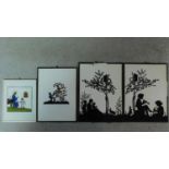 Two framed and glazed shadow pictures together with two reverse glass paintings. 24x18cm (tallest)