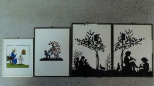 Two framed and glazed shadow pictures together with two reverse glass paintings. 24x18cm (tallest)