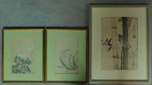 Three antique oriental framed silk paintings depicting an orhcid, a white anenome plant and bamboo