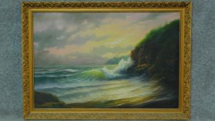 A gilt framed oil on canvas depicting waves on a shore, signed by A.L Kurtis M.A. 73x104cm