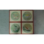 A set of four vintage framed Japanese silk paintings of Koi Karp, each with artist seal. 40x40cm