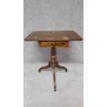 A small 19th century mahogany drop flap work table on turned tripod support. H.71 W.65 D.54cm
