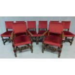 A set of eight Carolean style oak dining chairs, including two carvers, raised on cherub carved