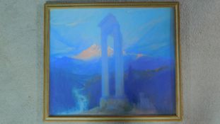 Arild Rosenkrantz (1870-1964). A framed and glazed pastel, classical ruins and mountain waterfall,