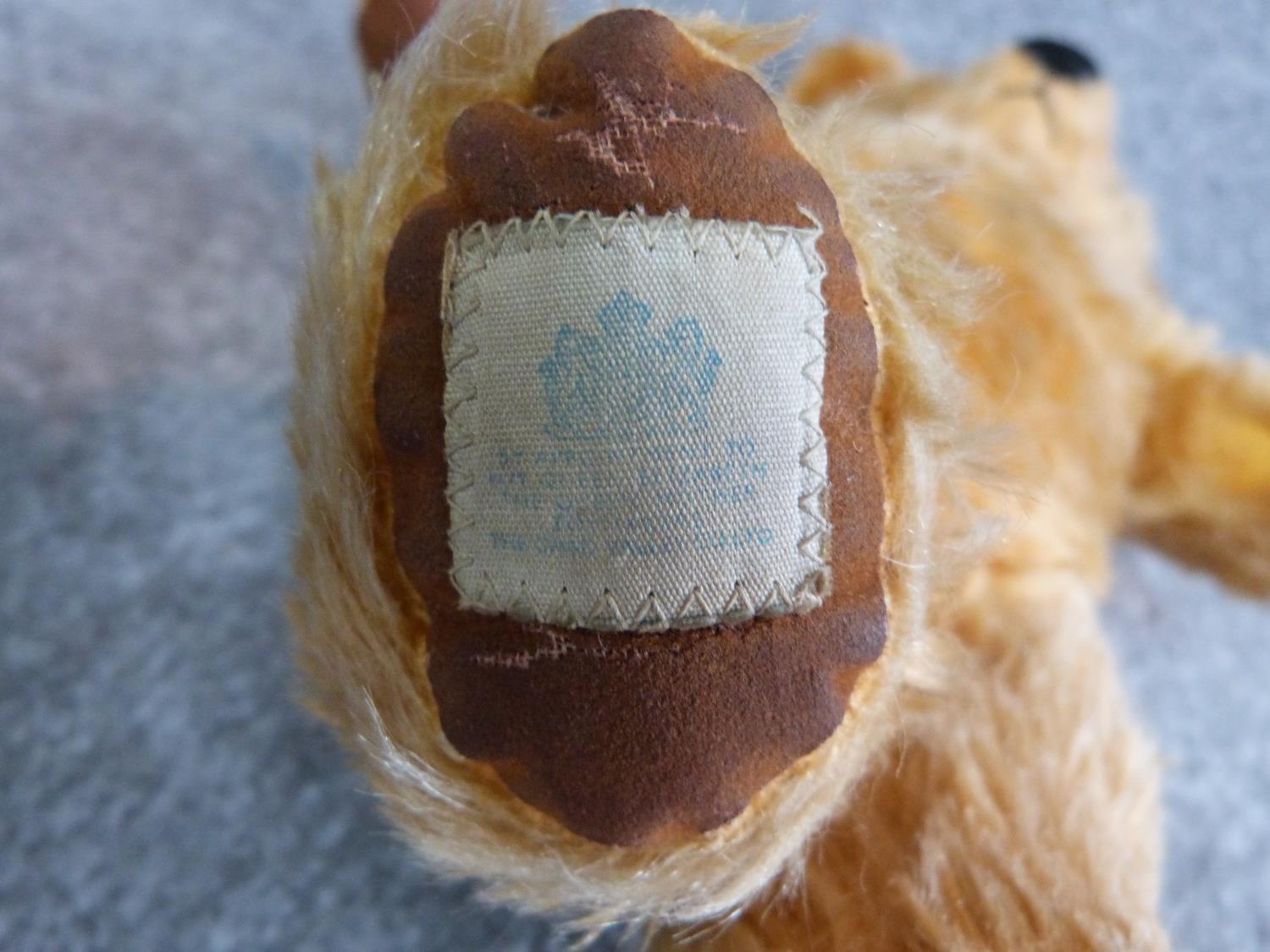 Antique yellow plush jointed Chad Valley growler teddy bear. Brown fabric pads and label to foot. - Image 6 of 6