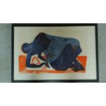 A 20th century framed abstract coloured lithograph, titled 'The Holy Female' indistinctly signed