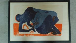 A 20th century framed abstract coloured lithograph, titled 'The Holy Female' indistinctly signed