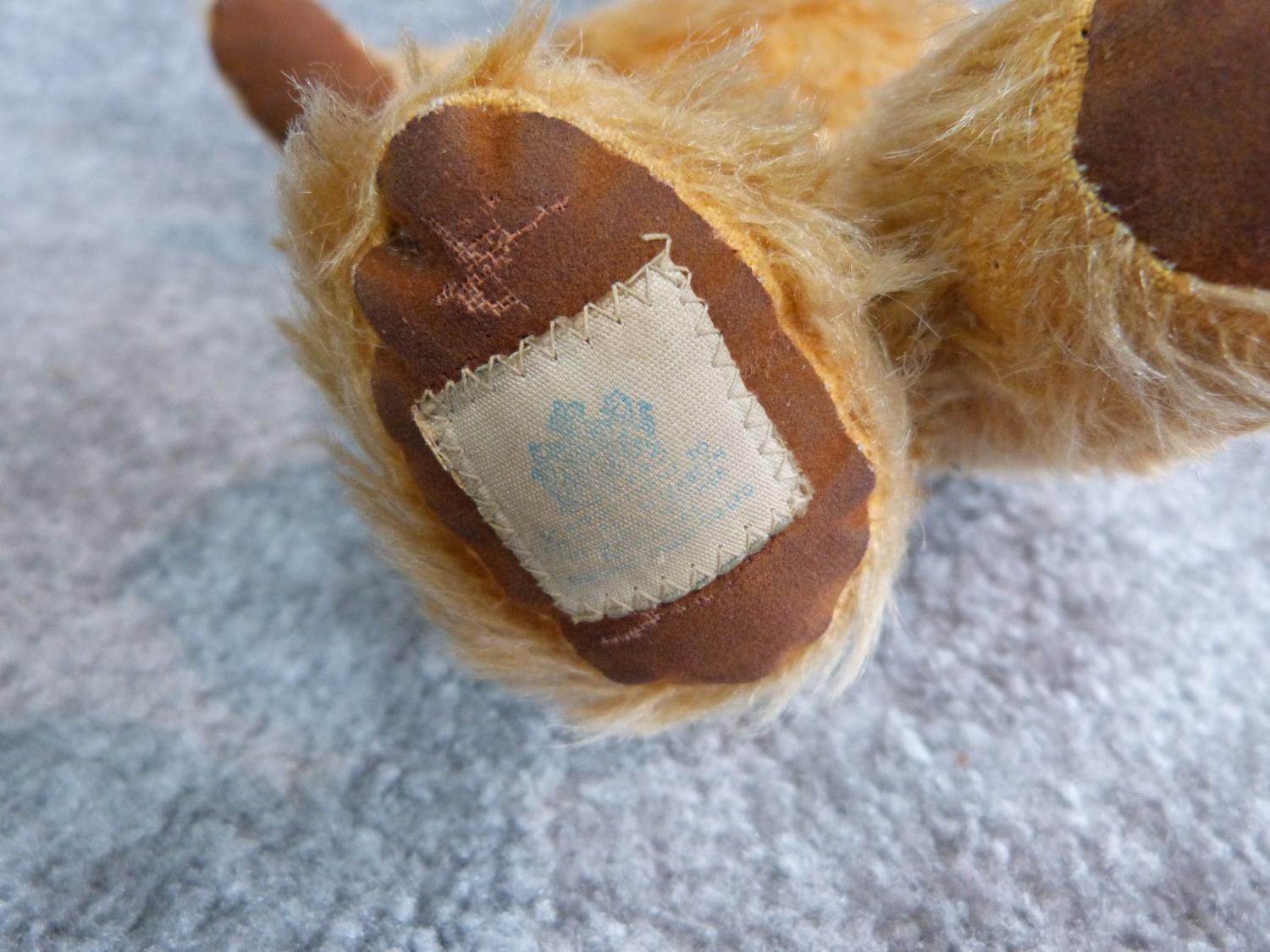 Antique yellow plush jointed Chad Valley growler teddy bear. Brown fabric pads and label to foot. - Image 5 of 6