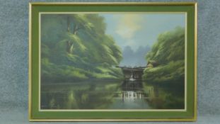 A framed oil on canvas depicting a house by an old water dam in a forest. By David A. James.