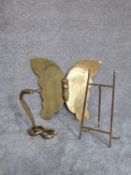 A Chinese brass engraved butterfly, a vintage brass easel and a Cairo ware cobra with blue glass