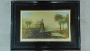 A framed and glazed print depicting people on a river by a port city. Indistinctly signed. 60x85cm