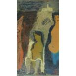 An abstract oil on canvas depicting two figures with a building in the backgorund. 61x51cm