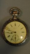 Antique white metal Longines pocket watch with a relief Dutch hunting scene to the back. Hinged