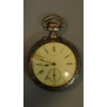 Antique white metal Longines pocket watch with a relief Dutch hunting scene to the back. Hinged