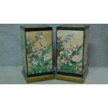 A pair of lacquered Chinoiserie cabinets with inlaid floral and fauna illustrations. H.62 W.32 D.