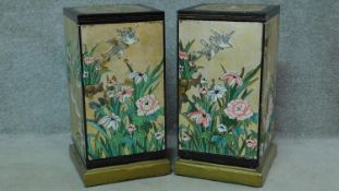 A pair of lacquered Chinoiserie cabinets with inlaid floral and fauna illustrations. H.62 W.32 D.