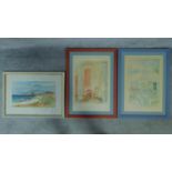 A watercolour depicting a beach by a hill, unsigned, together with two signed and titled